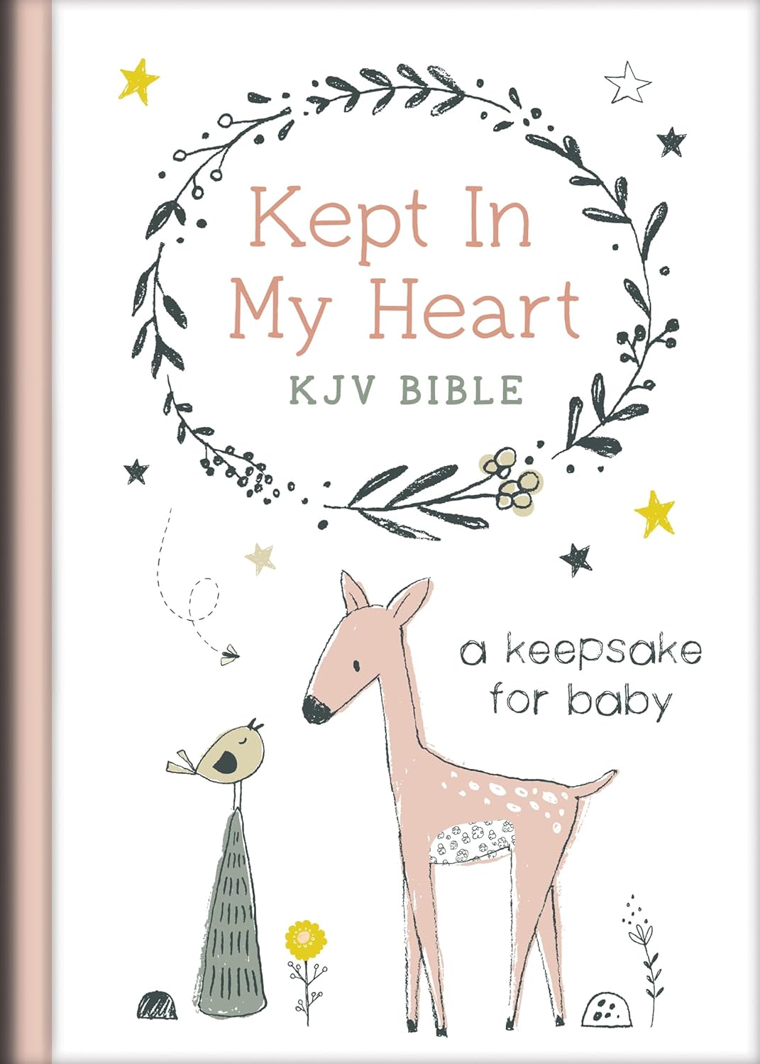 Portada de «Kept In My Heart: KJV Bible», una Biblia infantil y un recuerdo para bebés, en la que aparecen un pájaro, un ciervo y estrellas y hojas decorativas en suaves tonos pastel.