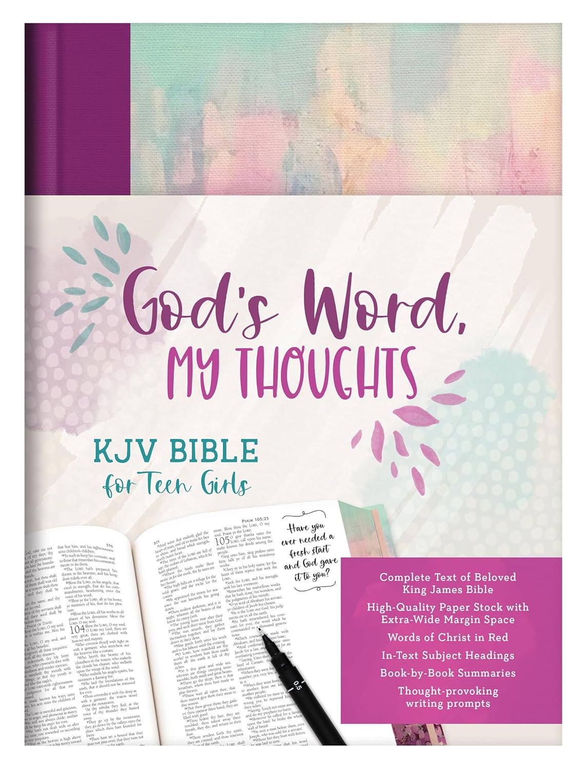 Portada de una Biblia KJV para chicas adolescentes titulada «La Palabra de Dios, mis pensamientos»: una Biblia para tomar notas con márgenes amplios que incluye un cuaderno, un bolígrafo y una lista de características en la portada.