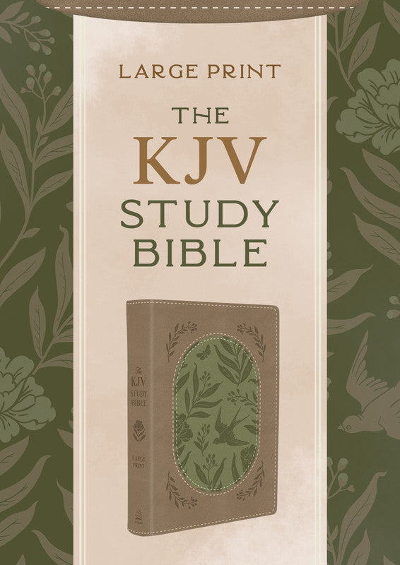 Portada de «The KJV Study Bible, Large Print», con un diseño floral y una imagen del libro con un motivo decorativo en tonos verdes y marrones, además de recursos como una concordancia y un mapa a todo color para facilitar el estudio.