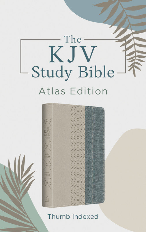 Portada de «The KJV Study Bible: Atlas Edition», en la que se muestra una Biblia con índices en forma de pulgar y una cubierta con motivos en tonos beige y azul, enmarcada por hojas y formas abstractas. Incluye las palabras de Cristo en rojo para facilitar su consulta.