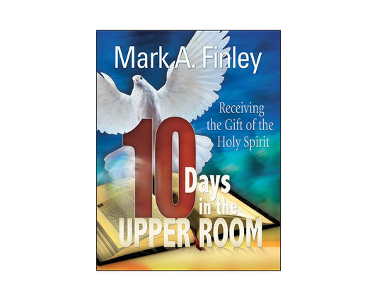 Portada del libro *10 días en el Cenáculo*, de Mark A. Finley, en la que aparece una paloma blanca —que simboliza el poder del Espíritu Santo— sobre una Biblia abierta, con llamativos motivos gráficos en azul y naranja de fondo.