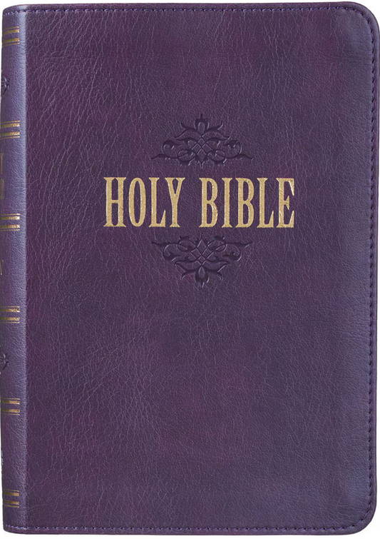 Una Biblia de imitación de cuero morado, con la inscripción «HOLY BIBLE» en letras doradas en la cubierta; presenta un diseño compacto, perfecto para llevar contigo a cualquier parte tu Biblia de la Versión del Rey Jacobo con letra grande.