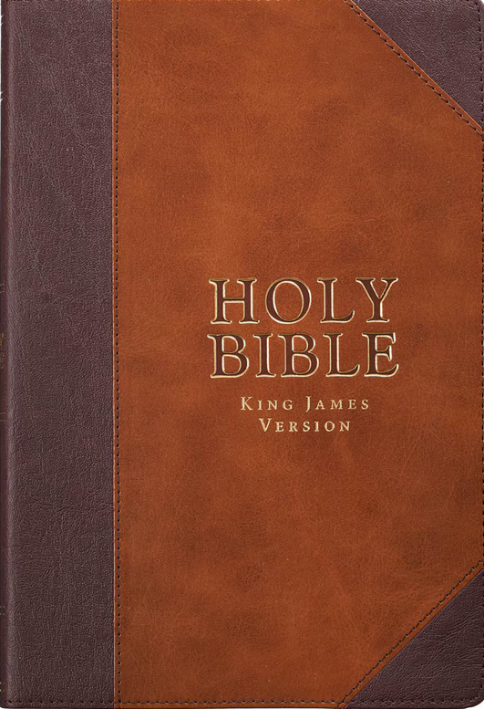 Una funda para la Biblia «Thinline» encuadernada en cuero marrón y marrón oscuro, con las palabras «Holy Bible King James Version» grabadas en relieve con letras doradas.