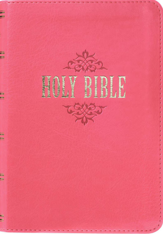 Una Biblia de imitación de piel rosa con texto en relieve dorado y detalles decorativos en la cubierta; esta Biblia de letra grande ofrece una elegante edición de las Sagradas Escrituras.
