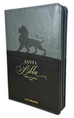 Una Biblia Reina-Valera 1960 de bolsillo con cremallera, con la silueta de un león en la cubierta gris y negra.