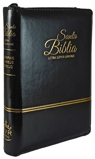 Biblia compacta Reina Valera 1960 de color negro con cremallera y letras doradas, con la indicación Letra Súper Grande y Palabras de Jesús en rojo.