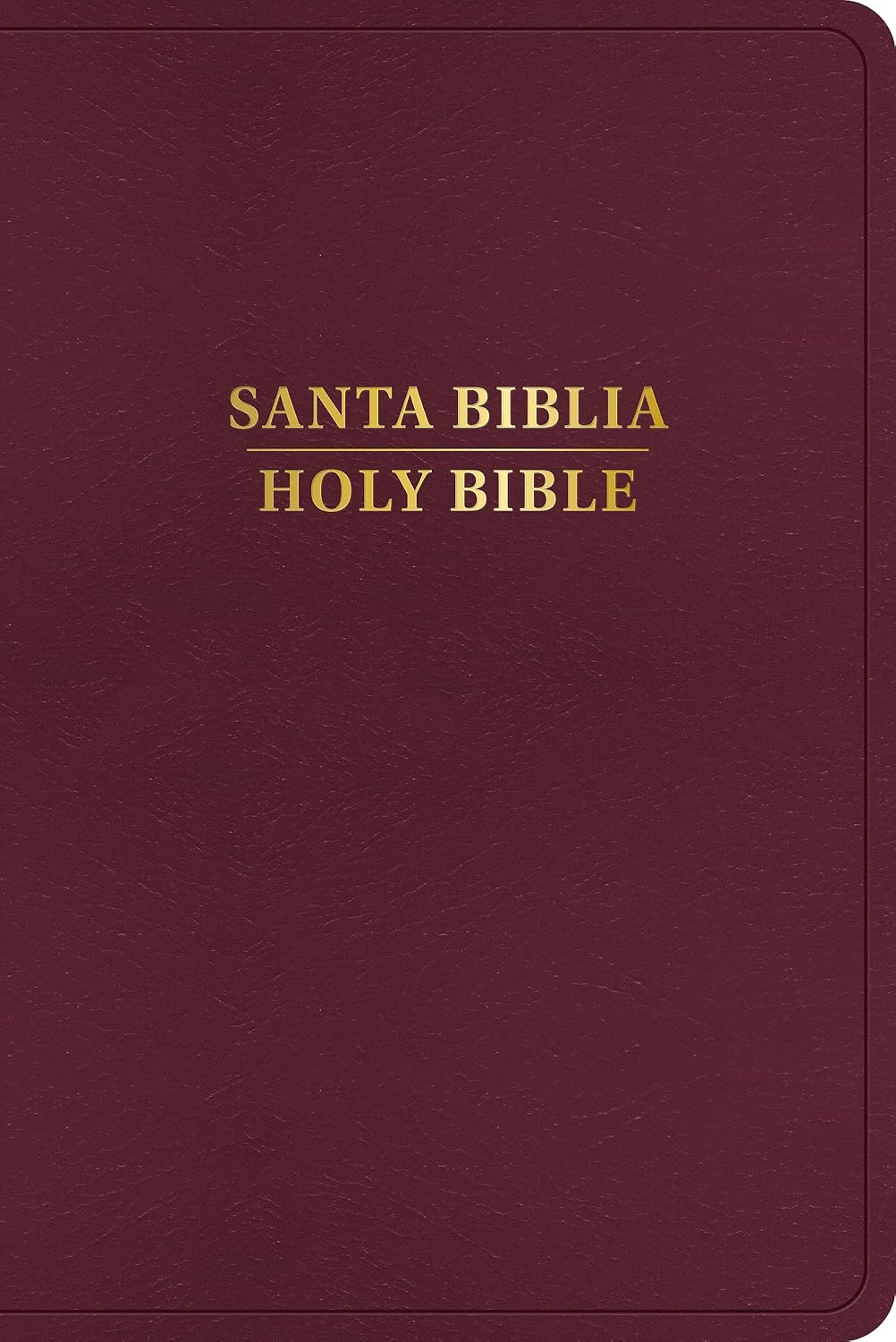 Una cubierta de color granate con las palabras «Santa Biblia Holy Bible» impresas en letras doradas en el centro, en la que figuran las siglas «KJV RVR 1960», lo que la convierte en una auténtica edición de la «Biblia Bilingüe».