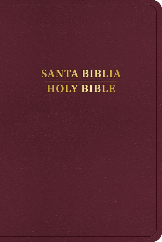 Una cubierta de color granate con las palabras «Santa Biblia Holy Bible» impresas en letras doradas en el centro, en la que figuran las siglas «KJV RVR 1960», lo que la convierte en una auténtica edición de la «Biblia Bilingüe».