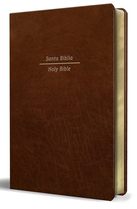 Un libro encuadernado en imitación de cuero marrón con los títulos «Santa Biblia» y «Holy Bible» en letra blanca, ideal como regalo, con letra más grande para facilitar la lectura.