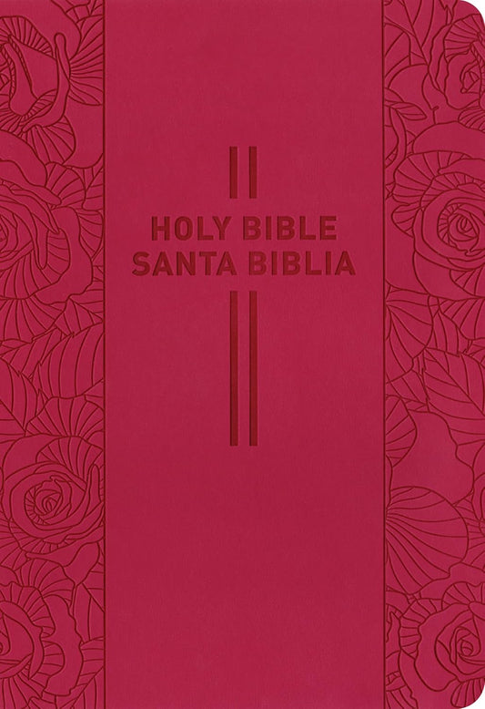 Cubierta roja de una Biblia bilingüe (Biblia) con el texto «Holy Bible Santa Biblia» en el centro, un motivo floral en relieve en los laterales, e incluye mapas a todo color y un plan de lectura de 365 días.