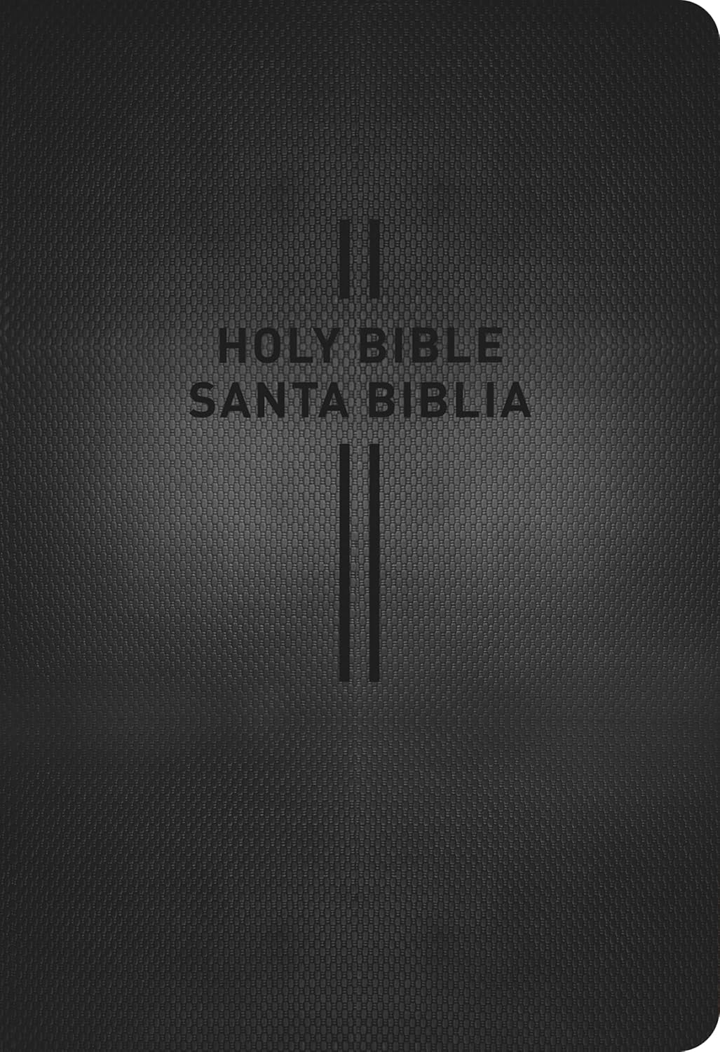Cubierta de libro negra con textura en la que figuran las palabras «HOLY BIBLE» y «SANTA BIBLIA» en mayúsculas y negrita, con mapas a todo color y un plan de lectura de 365 días para facilitar el estudio.