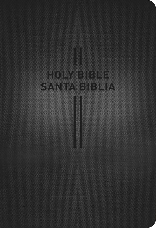 Cubierta de libro negra con textura en la que figuran las palabras «HOLY BIBLE» y «SANTA BIBLIA» en mayúsculas y negrita, con mapas a todo color y un plan de lectura de 365 días para facilitar el estudio.