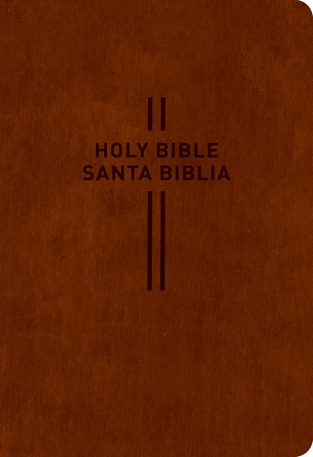 Una cubierta de color marrón con las palabras «Holy Bible» y «Santa Biblia» impresas en el centro, separadas por dos líneas verticales que forman una cruz. Incluye mapas a todo color para mejorar tu experiencia de estudio.