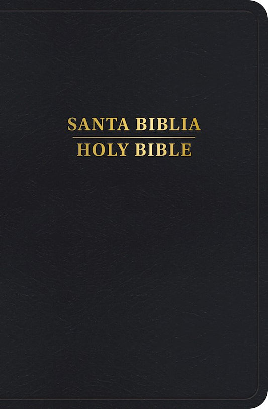 Una cubierta negra con el texto en dorado que reza «SANTA BIBLIA HOLY BIBLE». Esta Biblia bilingüe incluye la versión KJV RVR 1960 y las «Palabras de Cristo» en rojo.