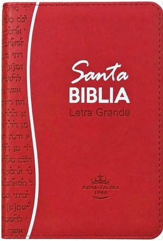 Biblia compacta Reina Valera 1960 en edición roja, con letra grande y una franja vertical de texto en hebreo en la cubierta izquierda.