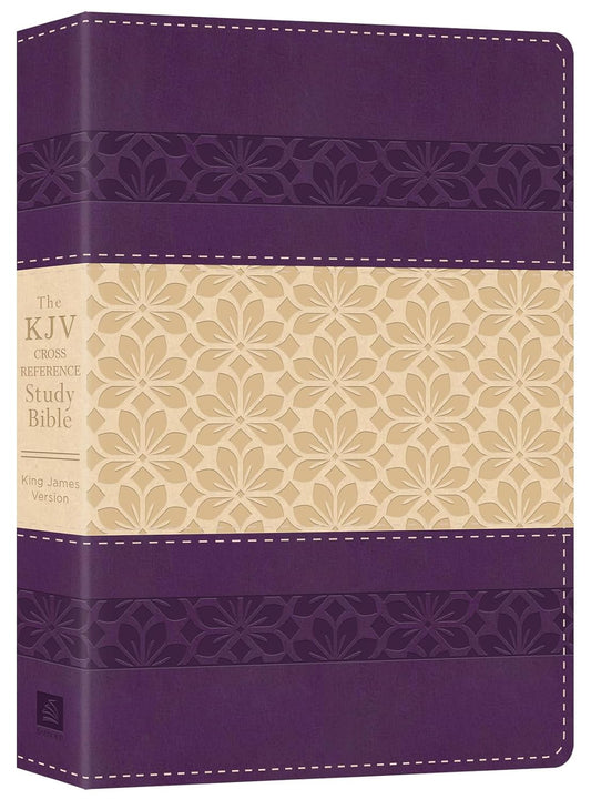 Una Biblia de estudio de tapa dura de la Versión del Rey Jacobo, con una cubierta estampada en tonos morados y beige con motivos florales, referencias cruzadas y útiles artículos sobre el contexto bíblico.