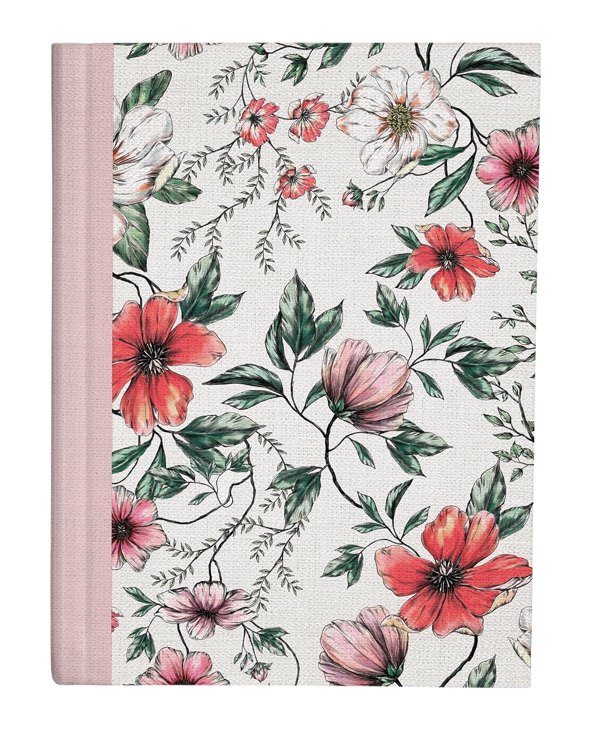 Un cuaderno de tapa dura con el lomo rosa, decorado con un motivo floral de flores rojas, rosas y blancas con hojas verdes sobre fondo blanco, perfecto para anotar comentarios bíblicos o referencias cruzadas de la Versión del Rey Jacobo.