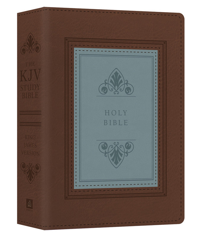 Una Biblia de estudio de la Versión del Rey Jacobo (KJV), encuadernada en cuero marrón y azul, con motivos decorativos en relieve, las palabras «HOLY BIBLE» en la portada y elementos como introducciones a los libros de la Biblia y un útil diccionario/concordancia.