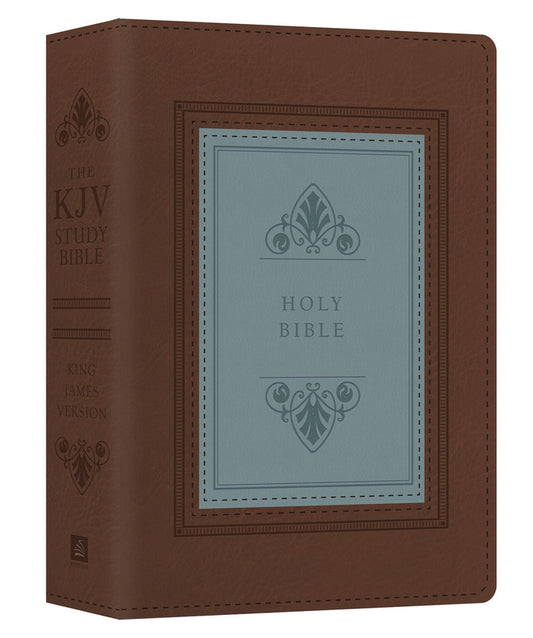 Una Biblia de estudio de la Versión del Rey Jacobo (KJV), encuadernada en cuero marrón y azul, con motivos decorativos en relieve, las palabras «HOLY BIBLE» en la portada y elementos como introducciones a los libros de la Biblia y un útil diccionario/concordancia.