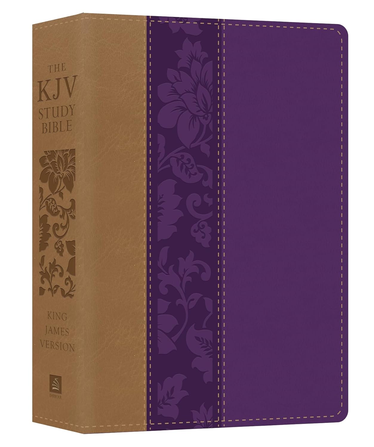 Una Biblia de estudio de la Versión del Rey Jacobo con lomo de color beige y cubierta con motivos florales morados, que incluye texto en dorado, costuras decorativas, introducciones a los libros de la Biblia y mapas a color de los territorios bíblicos.