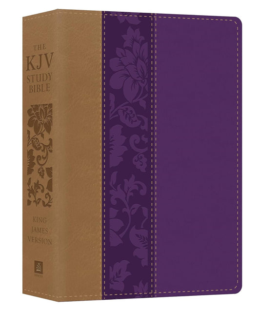 Una Biblia de estudio de la Versión del Rey Jacobo con lomo de color beige y cubierta con motivos florales morados, que incluye texto en dorado, costuras decorativas, introducciones a los libros de la Biblia y mapas a color de los territorios bíblicos.