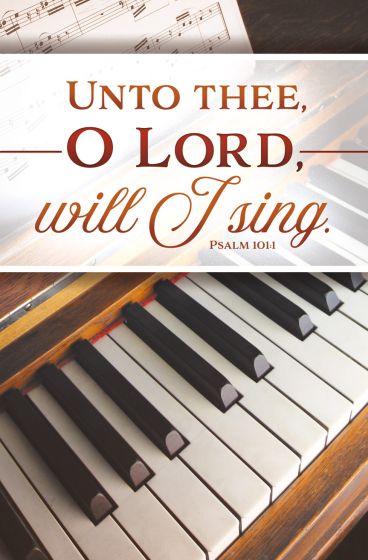 Se muestran partituras y teclas de piano junto con el versículo bíblico «A ti, Señor, cantaré. Salmo 101:1», escrito en la parte superior con una tipografía decorativa, ideal para boletines de iglesia o para incluir en tus anuncios de iglesia.