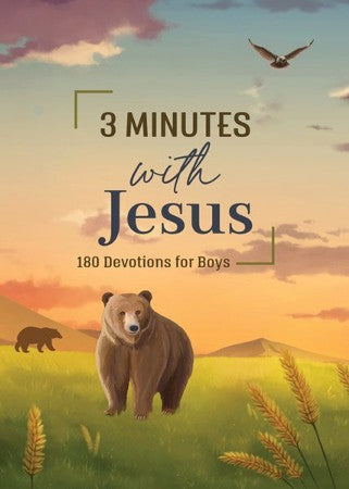 Portada del libro «3 minutos con Jesús: 180 devociones para niños», un libro inspirador para niños en el que aparecen un oso, un osezno, un águila, prados verdes y montañas al atardecer; ideal como regalo para niños de entre 8 y 12 años.