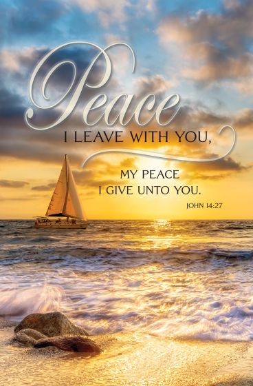 Un velero en el océano al atardecer, con un texto que cita Juan 14:27 sobre la paz: perfecto para boletines de iglesia o para añadir un toque de inspiración a la orden del servicio.
