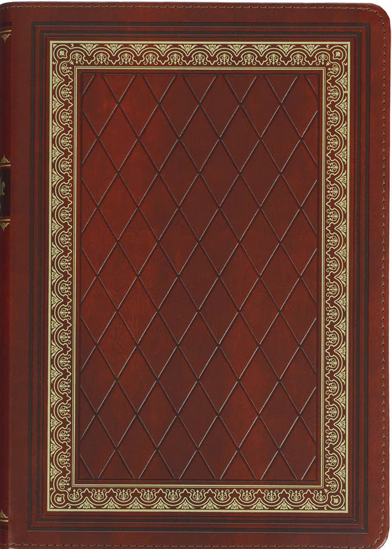 Una funda de cuero marrón con un diseño de rombos y detalles dorados ornamentados en el borde, perfecta para proteger tus apuntes de estudio o tus recuerdos familiares, como una preciada Biblia de la Versión del Rey Jacobo.