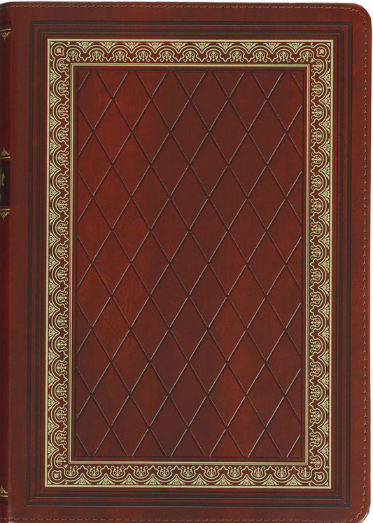 Una funda de cuero marrón con un diseño de rombos y detalles dorados ornamentados en el borde, perfecta para proteger tus apuntes de estudio o tus recuerdos familiares, como una preciada Biblia de la Versión del Rey Jacobo.