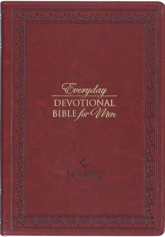 Una cubierta de imitación de cuero color burdeos de la «Everyday Devotional Bible for Men» (Biblia devocional diaria para hombres), en la versión New Living Translation, con texto en relieve dorado y bordes decorativos.