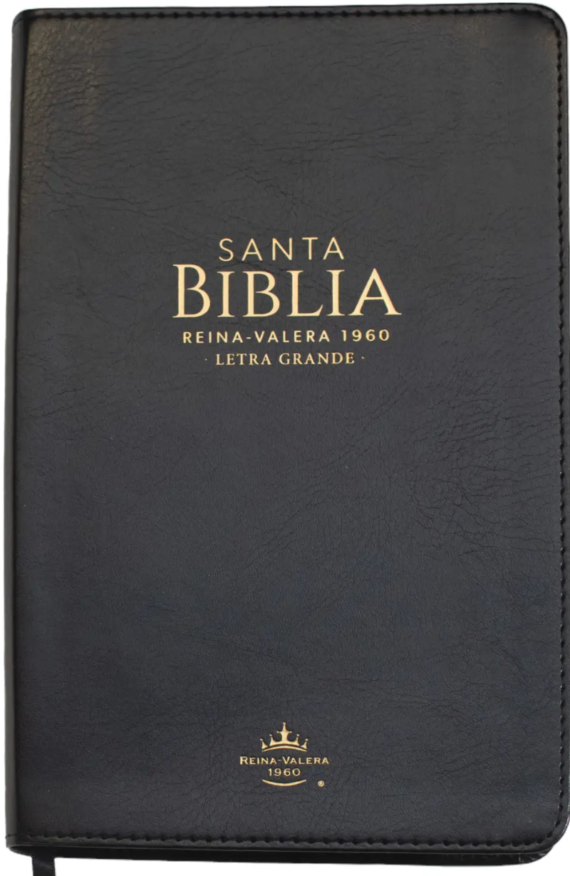Una Biblia de tamaño manual encuadernada en cuero negro con la inscripción en dorado en la cubierta que reza: «Santa Biblia Reina-Valera 1960 Letra Grande».