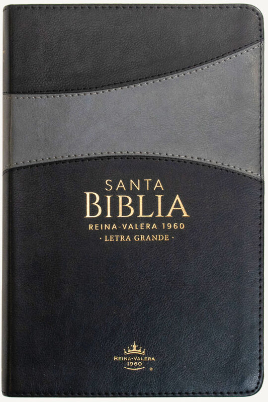 Una Biblia de tamaño manual, encuadernada en cuero negro y gris, en español, con la inscripción en dorado «Santa Biblia, Reina-Valera 1960, Letra Grande» en la portada; incluye las palabras de Jesús en rojo.