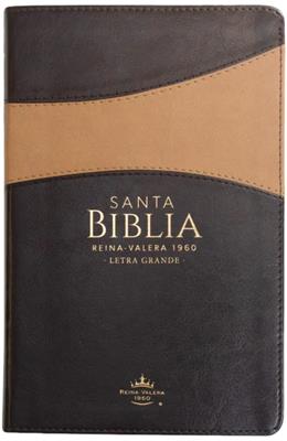 Una Biblia en español, de tamaño de bolsillo, con una cubierta marrón y negra, en la que se lee «Santa Biblia Reina Valera 1960 Letra Grande» en letras doradas.
