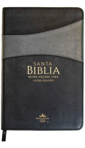 Una Biblia en español con tapa dura negra y gris, con el texto «Santa Biblia, Reina Valera 1960, Letra Grande» en letras doradas en la portada.