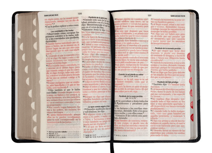 Una Biblia en español «Reina Valera 1960» abierta, en la que se ven páginas del Evangelio de Lucas, con texto en tinta negra y roja, letra grande, un marcapáginas de cinta negra y un índice bíblico para facilitar la consulta.