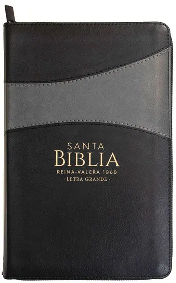 Una Biblia de tapa dura, en colores negro y gris, de tamaño manual, con el título «Santa Biblia, Reina-Valera 1960» y «Letra Grande» (12 puntos) impresos en dorado en la portada.