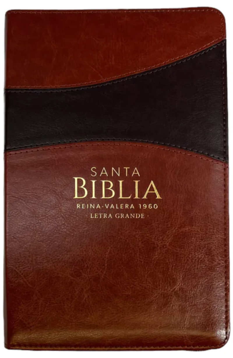 Una Biblia de tamaño manual encuadernada en cuero marrón, con la inscripción «Santa Biblia Reina Valera 1960 Letra Grande» en letras doradas en la cubierta.