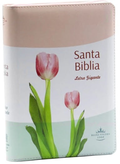 Una Santa Biblia Reina-Valera 1960 con una cubierta en tonos rosa pálido y blanco, en la que aparecen dos tulipanes rosas y el texto en letra grande.