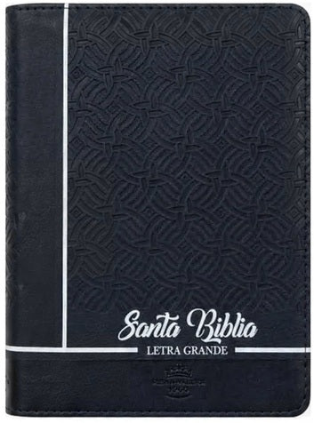 Biblia Reina-Valera de 1960 en color negro, con un motivo geométrico en relieve, el texto en blanco que reza Santa Biblia LETRA GRANDE y un pequeño logotipo con forma de corona en la parte inferior.