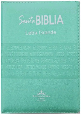 Biblia compacta Reina-Valera 1960 de color verde menta, con las inscripciones Santa Biblia y Letra Grande impresas en la cubierta, que presenta títulos religiosos en relieve y un logotipo.