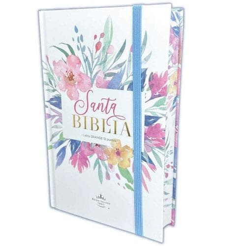 Una Biblia española de bolsillo con tapa dura decorada con motivos florales, titulada «Santa Biblia», sujeta con una goma elástica de color azul claro. Edición Reina Valera de 1960.