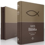 Dos ejemplares de la «Santa Biblia» (Reina Valera 1960) con tapa dura marrón y el símbolo del pez «Ichthys» en la portada; uno está en posición vertical y el otro, tumbado. Perfectos como «Biblia con índice y letra gigante» para facilitar la lectura.