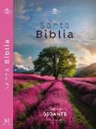 La portada de una «Santa Biblia», Reina Valera 1960, muestra un gran árbol y unas flores de un color púrpura intenso en un paisaje pintoresco con montañas al fondo. Ideal para una lectura fácil gracias a su letra gigante.