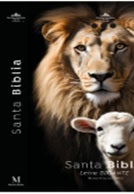Portada de la Santa Biblia Reina Valera 1960, en la que aparece una imagen en primer plano de un león y un cordero uno al lado del otro, con el título en las esquinas izquierda y inferior derecha, ideal para quienes buscan una Biblia gigante con letra gigante.