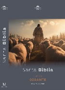 Una persona está de pie en un campo rodeada de ovejas bajo un cielo nublado; la imagen sirve de portada para una Biblia en español titulada «Santa Biblia» con letra gigante.
