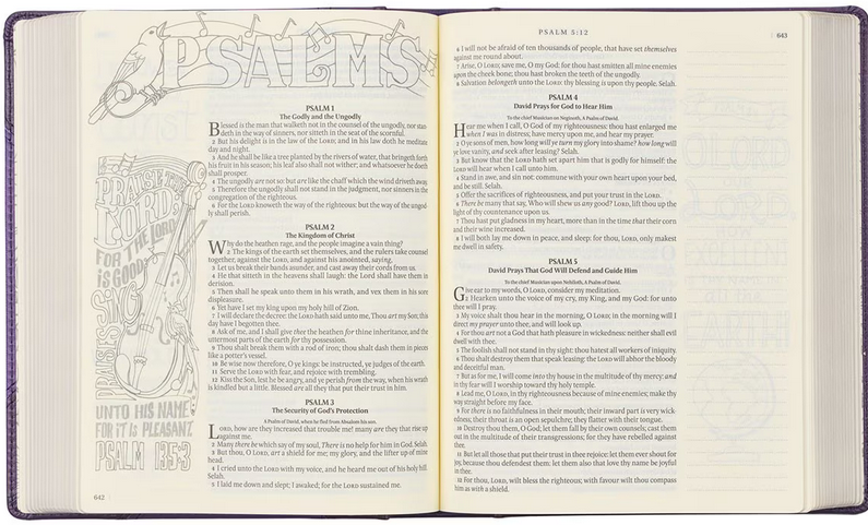 Una Biblia abierta muestra el libro de los Salmos, con ilustraciones de las Escrituras dibujadas a mano y detalles decorativos en la página izquierda, mientras que en la página derecha aparece el texto de la versión KJV y la tipografía estándar.
