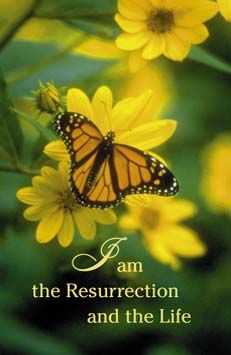 Una mariposa monarca descansa sobre una flor amarilla, con el texto «Yo soy la resurrección y la vida» escrito debajo: una imagen inspiradora perfecta para los boletines de la iglesia o para destacar este poderoso mensaje en tu orden del servicio.