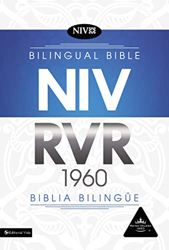 Portada de la Biblia bilingüe NIV-RVR 1960, con texto en negrita azul y gris en inglés y español, que combina la Nueva Versión Internacional y la Reina-Valera 1960, publicada por Editorial Vida.