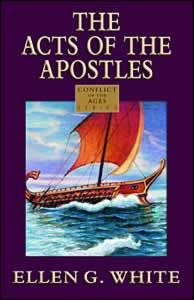 Portada del libro «Los Hechos de los Apóstoles», de Ellen G. White, en la que aparece la ilustración de un velero navegando sobre el agua con un fondo morado, que destaca el inspirador viaje de los primeros creyentes cristianos.